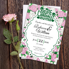 Pink & White Rose Wedding Invite - Green Letters 4 招待状