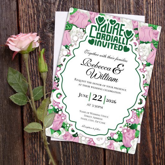 Pink & White Rose Wedding Invite - Green Letters 4 招待状