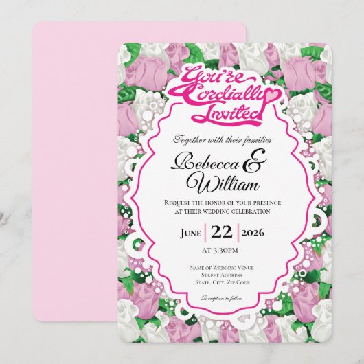 Pink & White Rose Wedding Invite - Pink Letters 2 招待状 (正面/裏面)