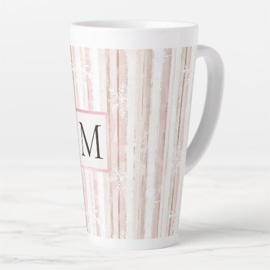 Pink White Snowflakes Stripes Monogram カフェラテマグ (右アングル)