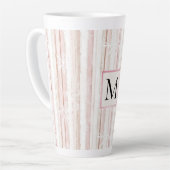 Pink White Snowflakes Stripes Monogram カフェラテマグ (左アングル)