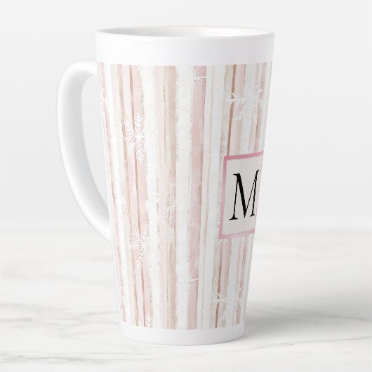 Pink White Snowflakes Stripes Monogram カフェラテマグ (左アングル)