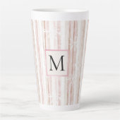 Pink White Snowflakes Stripes Monogram カフェラテマグ (正面)
