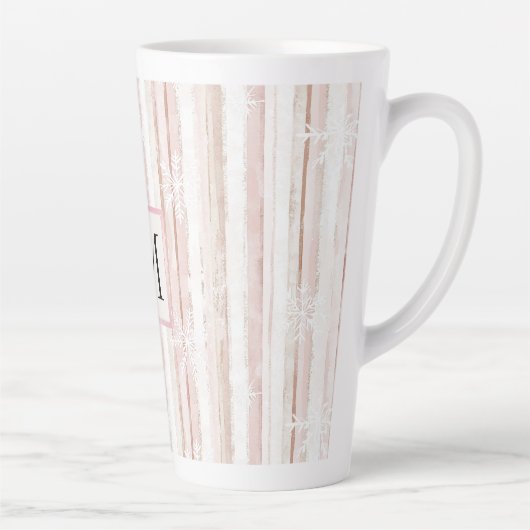 Pink White Snowflakes Stripes Monogram カフェラテマグ (右)