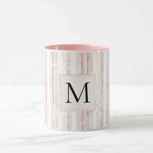 Pink White Snowflakes Stripes Monogram マグカップ (中央)