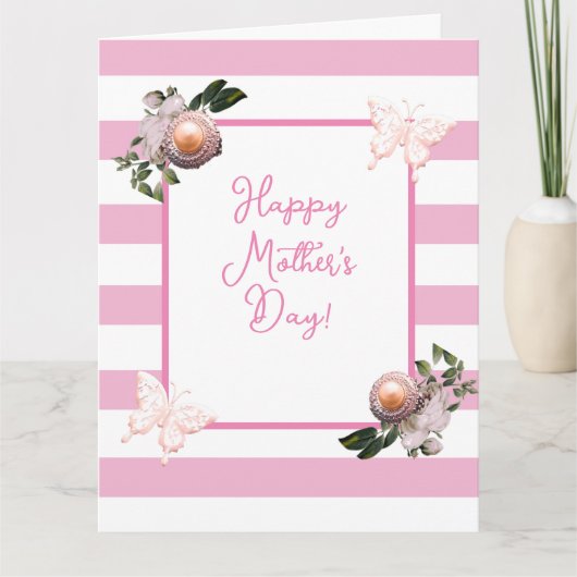 Pink & White Stripe Floral Pearl Mother's Day カード (正面)