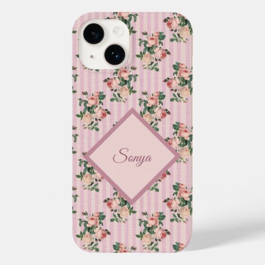 Pink White Stripes and Trailing Roses Monogrammed Case-Mate iPhoneケース (裏面)