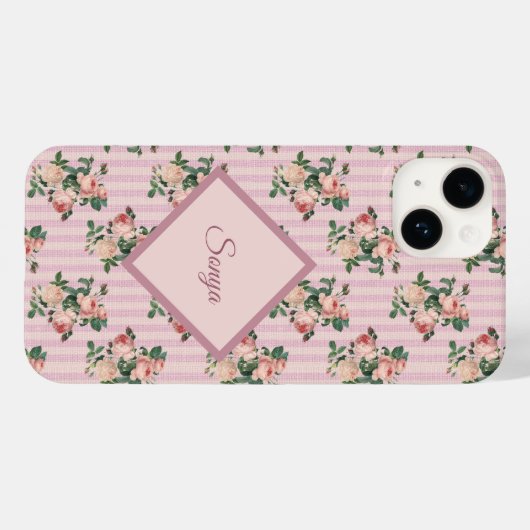 Pink White Stripes and Trailing Roses Monogrammed Case-Mate iPhoneケース (裏面 (横))