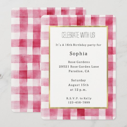 Pink White Stripes Birthday 招待状 (正面/裏面)