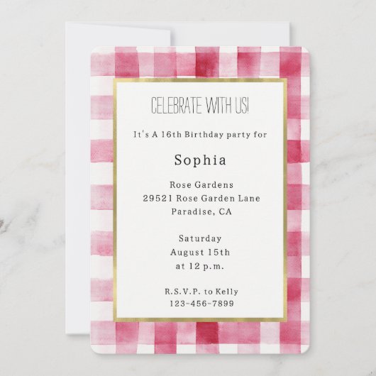 Pink White Stripes Birthday 招待状 (正面)