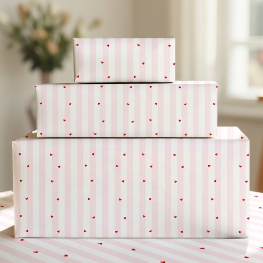 Pink White Stripes + Hearts Wrapping Paper ラッピングペーパー