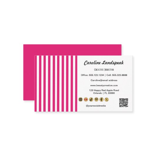 Pink White Stripes, QR Code & Social Media Icon 名刺 (正面/裏面インサイチュ)