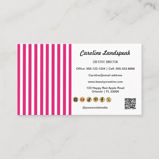 Pink White Stripes, QR Code & Social Media Icon 名刺 (正面)