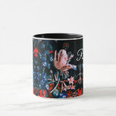 Pink White Tulips, Flowers in Black Floral Monogra マグカップ (中央)