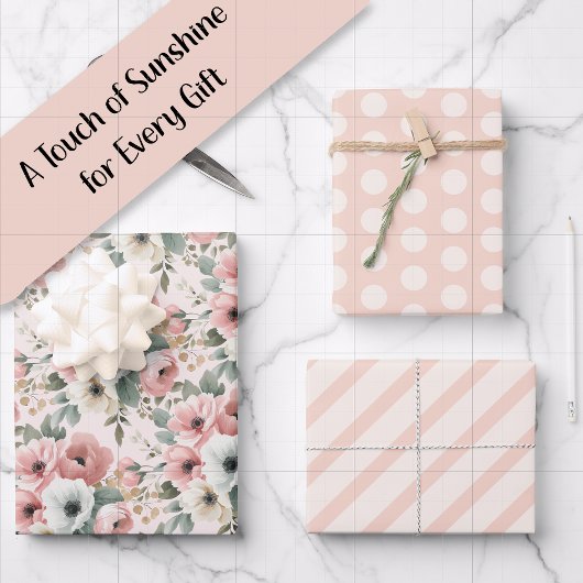 Pink White Watercolor Striped Polka Dots ラッピングペーパーシート