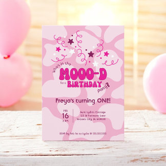 Pink Who's in the MOOO-D Cow Print 1st Birthday 招待状