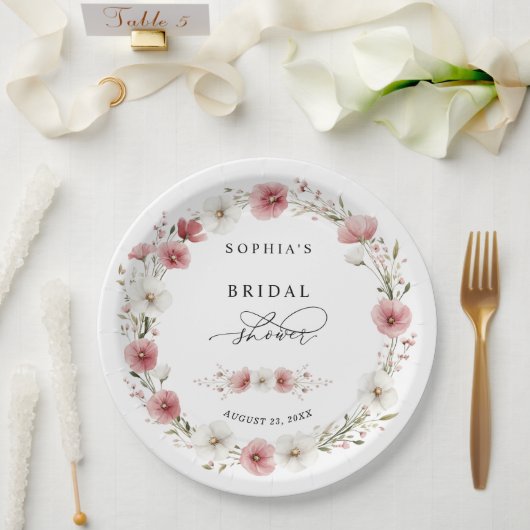 Pink Wild Flowers Bridal Shower ペーパープレート (ウェディング)