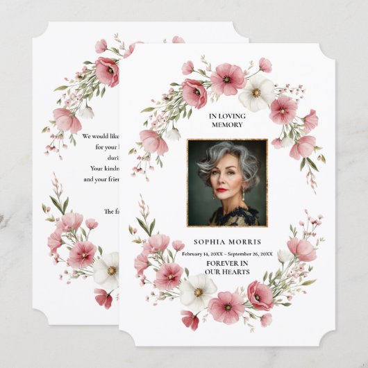 Pink Wild Flowers Funeral Photo Thank You Card サンキューカード (正面/裏面)