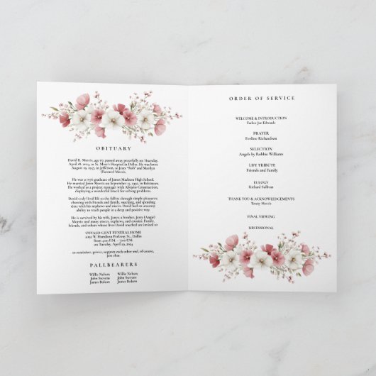 Pink Wild Flowers Photo Memorial Funeral Program カード (内部)