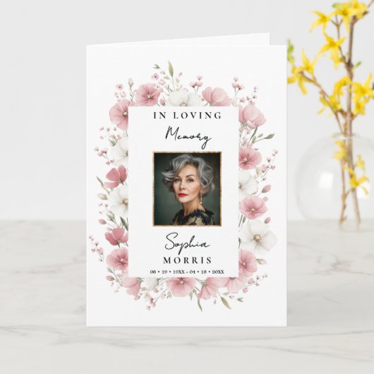 Pink Wild Flowers Photo Memorial Funeral Program カード (黄色い花)