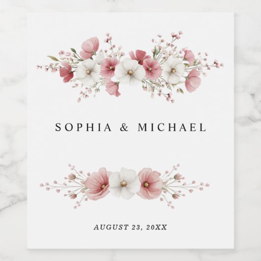 Pink Wild Flowers Wedding ワインラベル (シングルラベル)