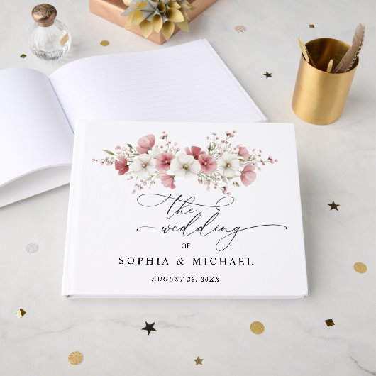 Pink Wild Flowers Wedding Guest Book ゲストブック (正面見開き)