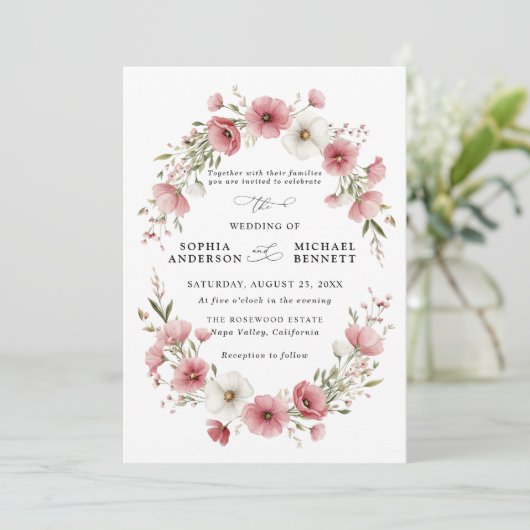 Pink Wild Flowers Wedding Invitation 招待状 (スタンド正面)