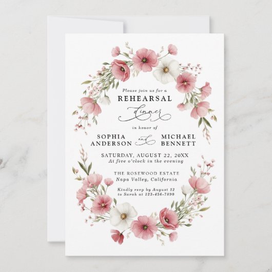 Pink Wild Flowers Wedding Rehearsal Dinner 招待状 (正面)