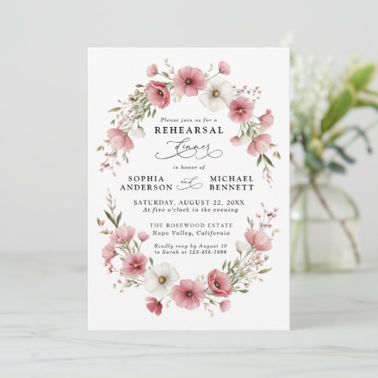Pink Wild Flowers Wedding Rehearsal Dinner 招待状 (スタンド正面)
