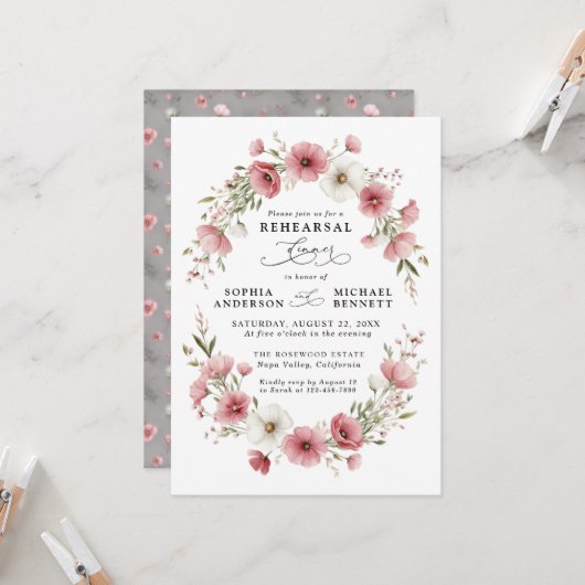Pink Wild Flowers Wedding Rehearsal Dinner 招待状 (正面/裏面インサイチュ)