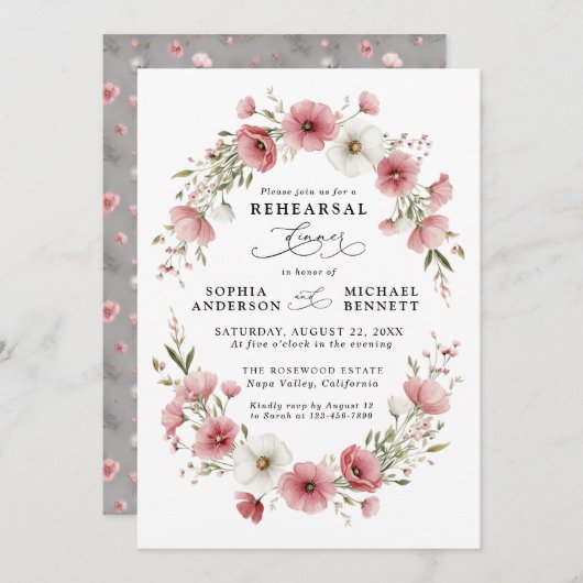 Pink Wild Flowers Wedding Rehearsal Dinner 招待状 (正面/裏面)