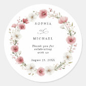 Pink Wild Flowers Wedding Sticker ラウンドシール (正面)