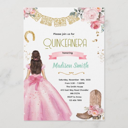 Pink Wild West Quinceañera Invitation 招待状 (正面)