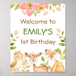 Pink Wild Woodland Animals 1st Birthday Poster ポスター