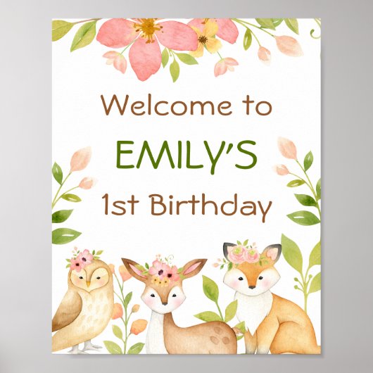 Pink Wild Woodland Animals 1st Birthday Poster ポスター (正面)