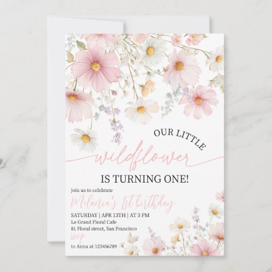 Pink Wildflower 1st Birthday Invitation 招待状 (正面)