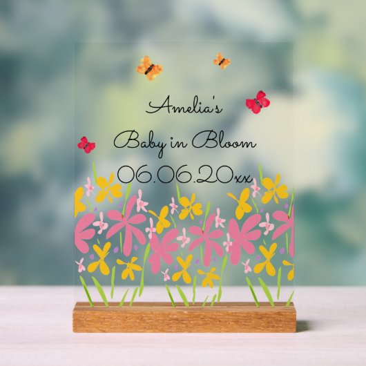 Pink Wildflower Baby Shower アクリルサイン (ニュートラル)