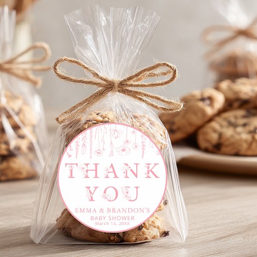 Pink Wildflower Baby Shower Thank You Stickers ラウンドシール