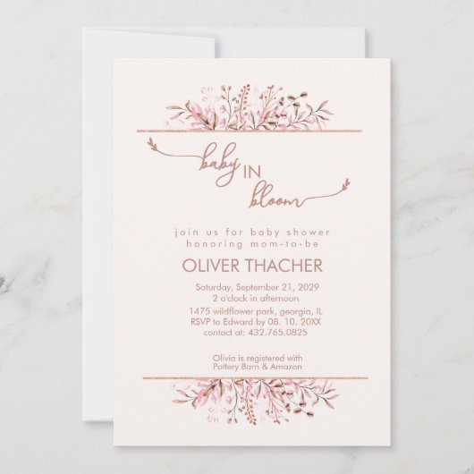 Pink Wildflower Border Baby in Bloom Baby Shower 招待状 (正面)