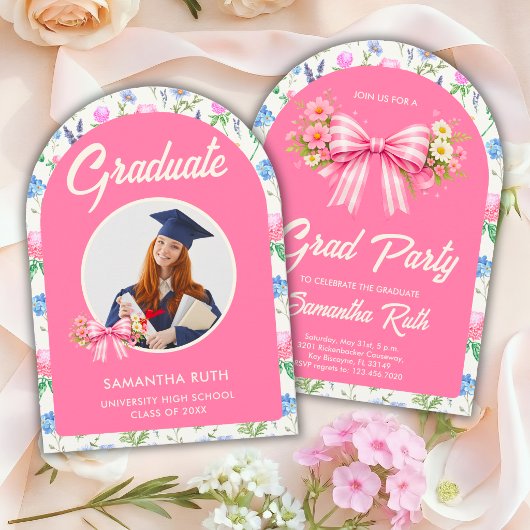 Pink Wildflower Bow Photo Graduation Party 招待状