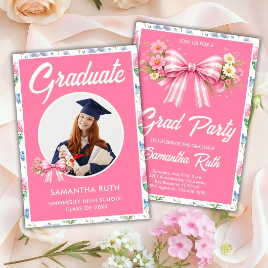 Pink Wildflower Bow Photo Graduation Party 招待状