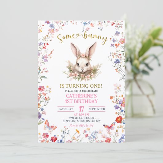 Pink Wildflower Bunny Birthday Invitation 招待状 (スタンド正面)