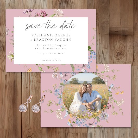 Pink Wildflower Garden Elegant Photo Wedding セーブザデート