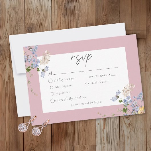 Pink Wildflower Garden Elegant Wedding 出欠カード