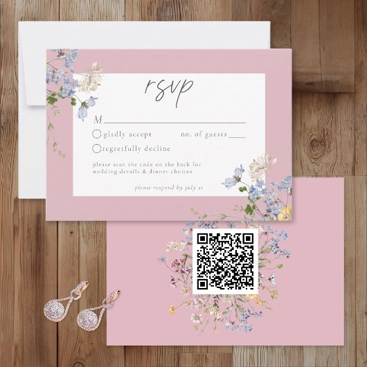 Pink Wildflower Garden Elegant Wedding QR 出欠カード
