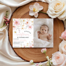 Pink Wildflower Photo 1st Birthday Invite 招待状