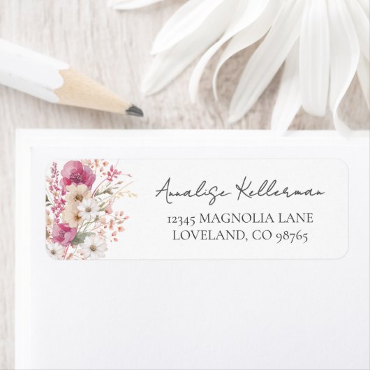 Pink Wildflower Return Address ラベル (インサイチュ)