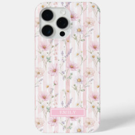 Pink Wildflower Striped Monogrammed iPhone 15 Pro Maxケース
