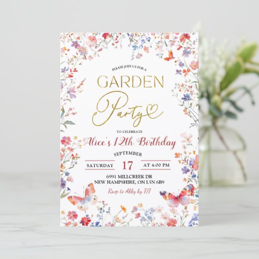 Pink Wildflower Teens Birthday 招待状 (スタンド正面)