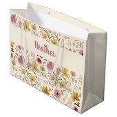 Pink Wildflower Watercolor Monogram Name ラージペーパーバッグ (正面アングル)